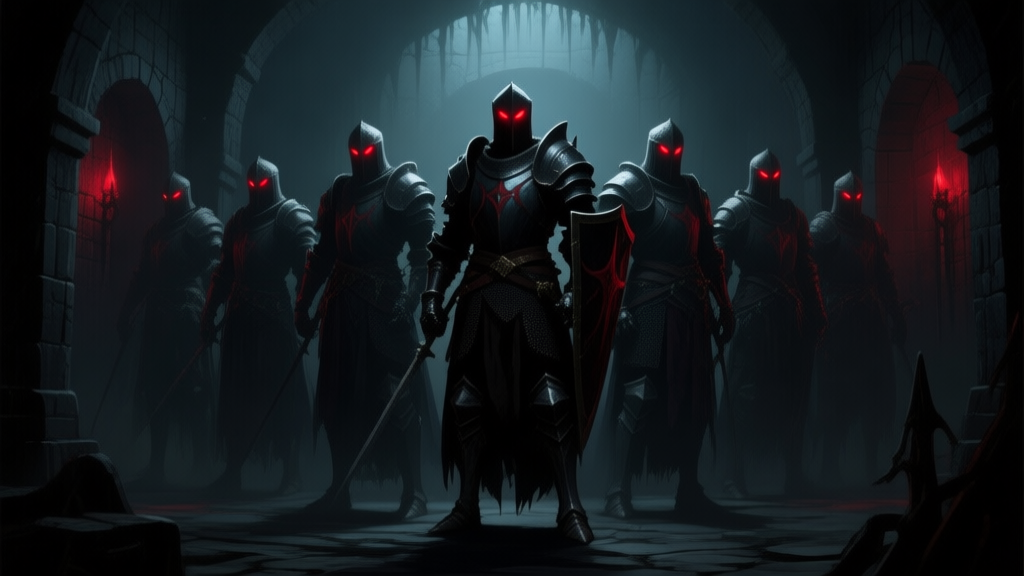 A group of ominous, shadowy knight figures standing in a dark fantasy dungeon, glowing red eyes, cohesive formation, video game concept art style, dark and atmospheric color palette high quality illustration, detailed, 16:9