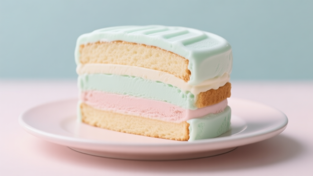 A cross-section view of a beautifully layered ice cream sandwich cake on a plate, soft pastel colors, clean food photography style, focus on the texture of the cake and ice cream high quality illustration, detailed, 16:9