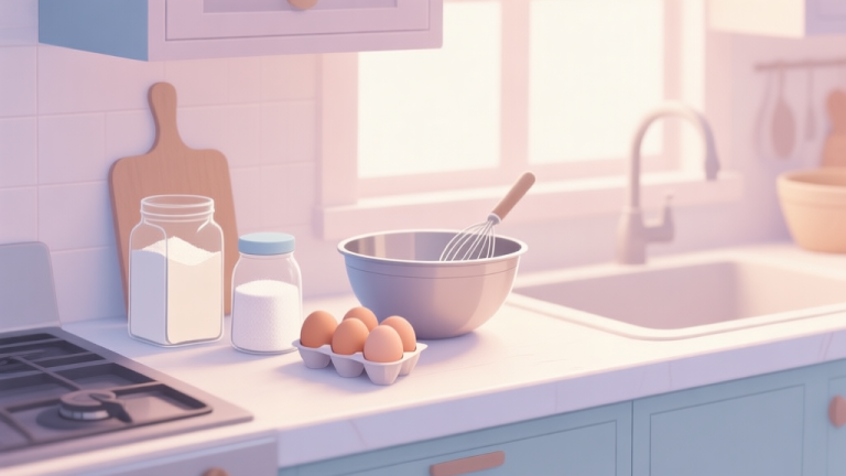 自动生成图片: A serene, well-lit kitchen counter with neatly arranged baking ingredients like flour, eggs, and sugar next to a mixing bowl, soft pastel color palette, inviting and calm atmosphere high quality illustration, detailed, 16:9