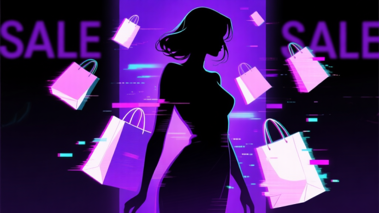 自动生成图片: A stylized, mysterious female character silhouette surrounded by floating shopping bags and digital glitch effects, set against a dark purple and black sale banner background, soft neon accents high quality illustration, detailed, 16:9