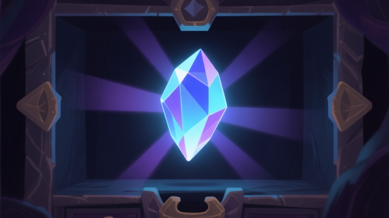 自动生成图片: A glowing multi-faceted crystal hovering in a dark fantasy game inventory, with soft blue and purple light rays emanating from its core, minimalist style high quality illustration, detailed, 16:9