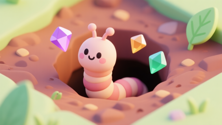 自动生成图片: A cute, stylized cartoon worm peeking out from a hole in vibrant soil, with simple icons for resources like gems and leaves floating nearby, soft pastel color palette, isometric view high quality illustration, detailed, 16:9
