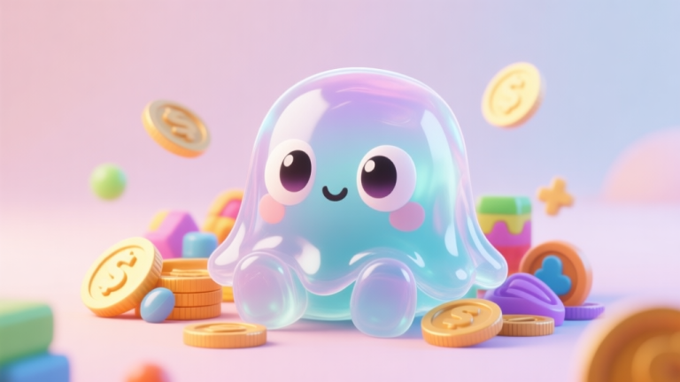 自动生成图片: A cute, translucent jelly-like character with big expressive eyes, sitting amidst colorful game items and coins, soft pastel background, 3D render style high quality illustration, detailed, 16:9