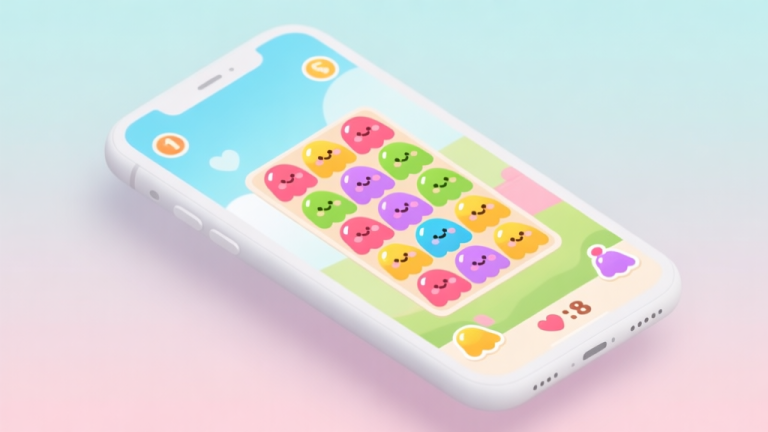 自动生成图片: A cheerful, minimalist flat design of a smartphone screen showing a vibrant match-3 puzzle game with cute jelly characters, soft pastel background, clean and inviting aesthetic high quality illustration, detailed, 16:9