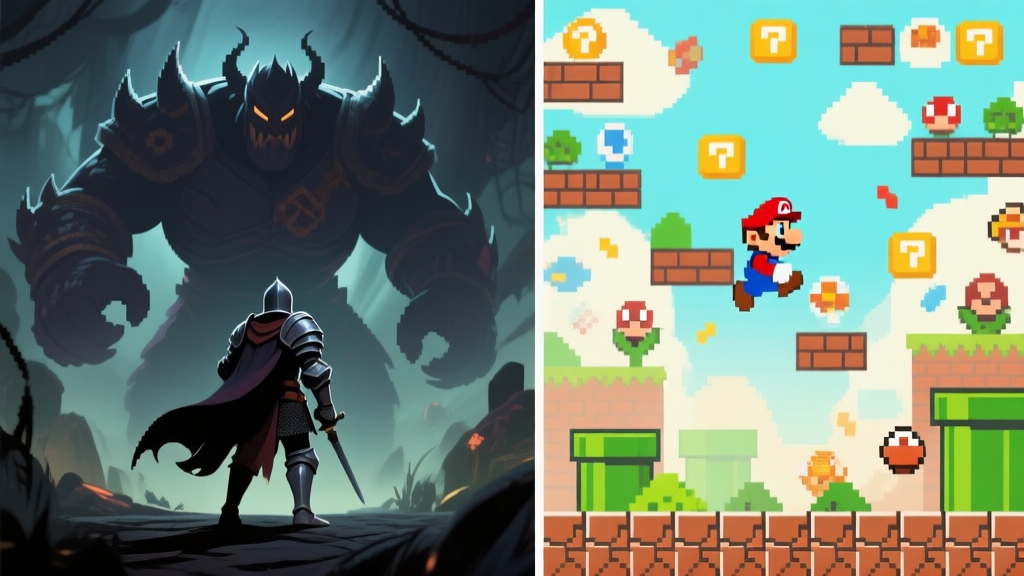 Split-screen illustration showing a dark fantasy knight facing a giant boss on one side, and a bright, chaotic Mario level with precise pixel-perfect jumps on the other, muted color palette, soft lighting high quality illustration, detailed, 16:9