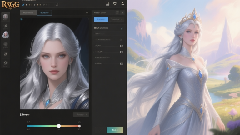自动生成图片: A split-screen image showing a fantasy RPG character creator interface on one side, with a slider highlighting silver hair color, and on the other side, a majestic princess character with long silver hair in a fantasy landscape, soft glow, painterly style high quality illustration, detailed, 16:9