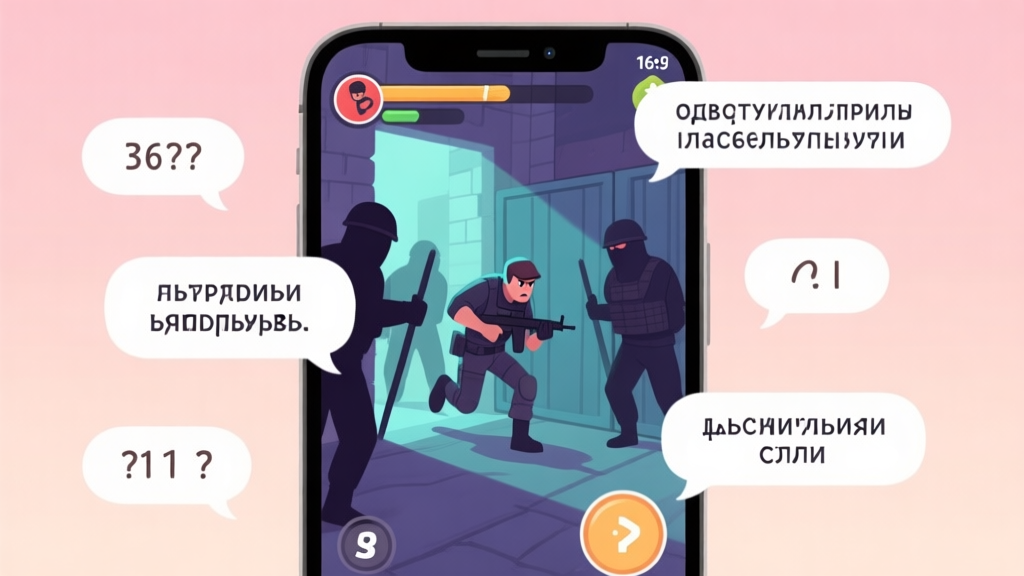 A smartphone screen showing a puzzle-stealth game character sneaking past guards, with a mix of Cyrillic and Latin alphabet text bubbles appearing confusedly around it, soft pastel color palette high quality illustration, detailed, 16:9