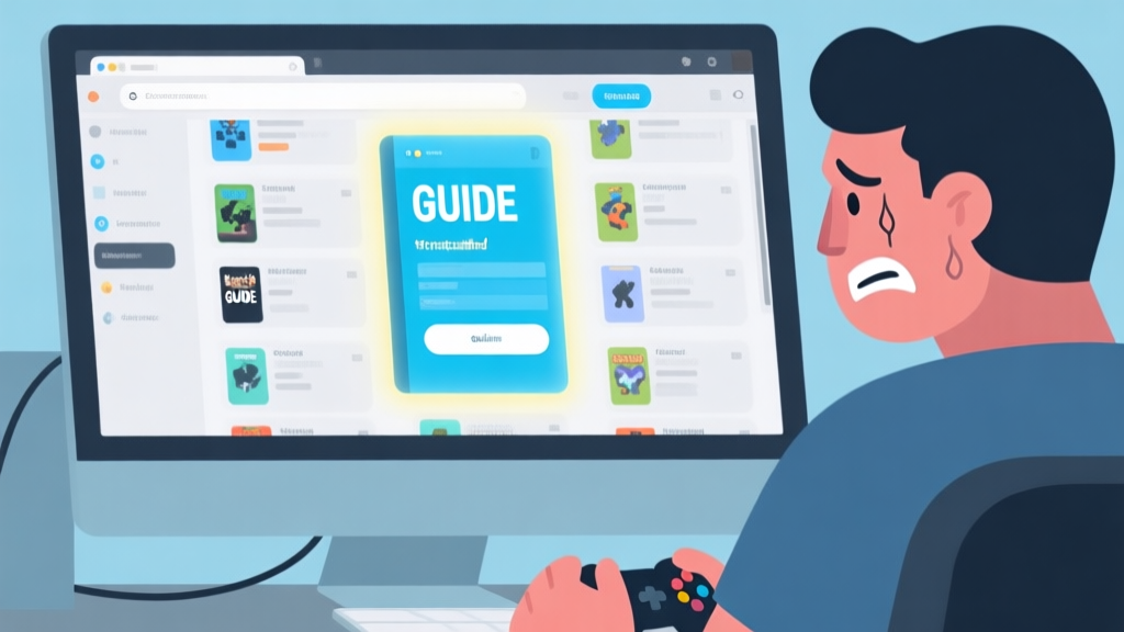 A frustrated gamer looking at multiple confusing game guide tabs on a computer screen, with one clear, well-structured guide shining in the center, flat design style with soft blues and grays high quality illustration, detailed, 16:9