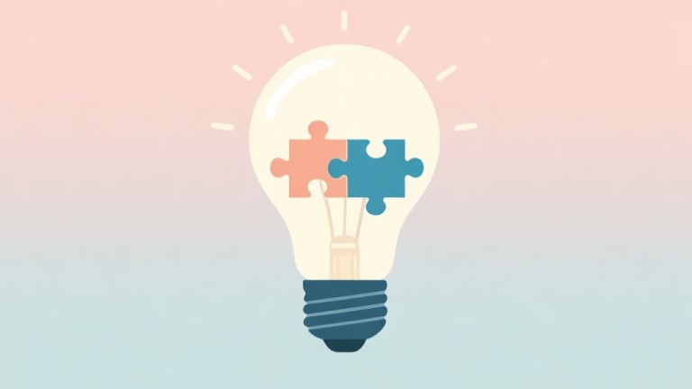 自动生成图片: A minimalist, soft-colored illustration showing a lightbulb with puzzle pieces fitting together inside it, on a pastel background, representing the moment of solving a puzzle high quality illustration, detailed, 16:9