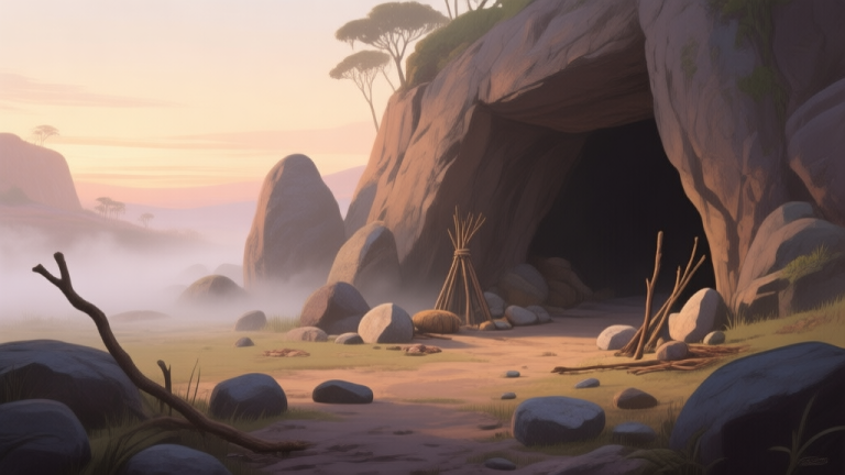 自动生成图片: A serene yet mysterious prehistoric landscape at dawn, showing a cave entrance, scattered rocks and basic resources like sticks and stones, with soft mist and a warm, gentle color palette high quality illustration, detailed, 16:9