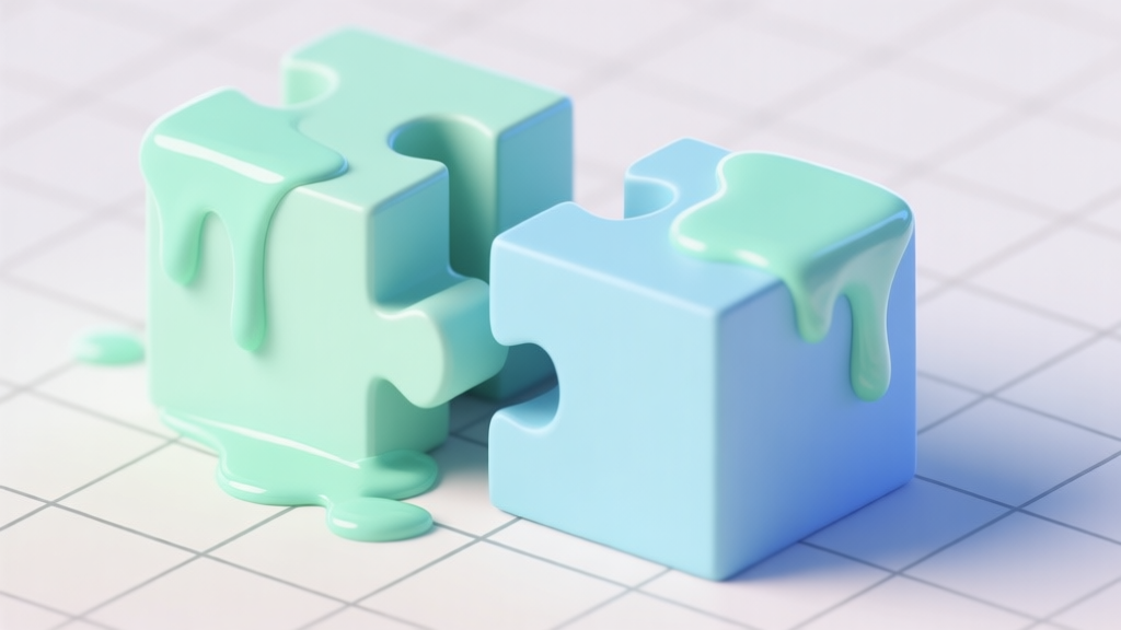 A close-up, stylized illustration of puzzle blocks with a sticky, glue-like substance connecting them, set on a minimalist grid background. Soft pastel colors like mint green and light blue dominate, with subtle visual cues showing tension and connection between the blocks. high quality illustration, detailed, 16:9