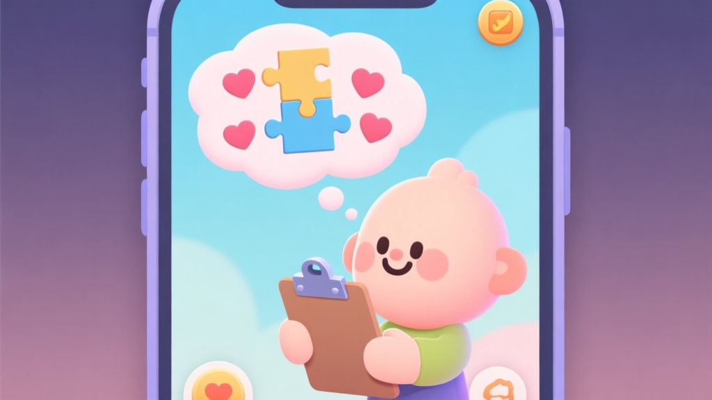 A cozy, stylized illustration of a mobile game interface showing a friendly character holding a clipboard, with a thought bubble containing puzzle pieces and heart icons, soft pastel color palette high quality illustration, detailed, 16:9