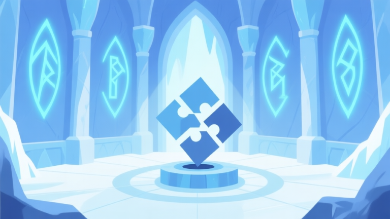 自动生成图片: A serene, icy palace interior with glowing magical runes on the walls, soft blue and white color palette, a central puzzle mechanism with interlocking geometric shapes, flat design style high quality illustration, detailed, 16:9