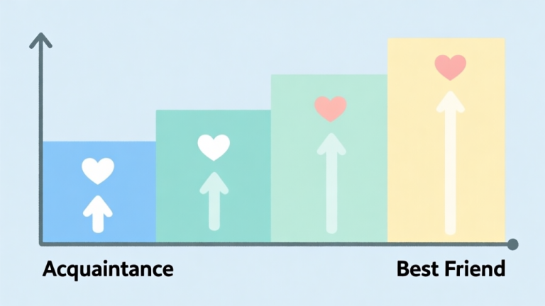 自动生成图片: A minimalist illustration of a relationship meter or bar graph showing levels from "Acquaintance" to "Best Friend", using soft pastel colors like light blue, mint green, and gentle yellow, with simple heart icons and upward arrows high quality illustration, detailed, 16:9