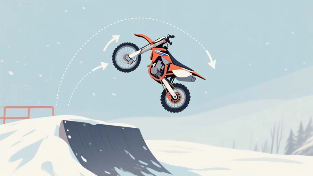 A side-view illustration of a motocross bike in mid-air during a backflip over a snowy ramp, with subtle dashed lines showing its parabolic trajectory and arrows indicating forces like gravity and momentum, in a soft winter color palette high quality illustration, detailed, 16:9