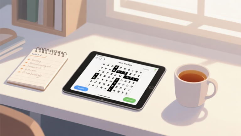 自动生成图片: A serene, organized workspace for puzzle solving, showing a tablet with a word search game, a notepad with strategies written, a cup of tea, soft natural lighting, minimalist and calm aesthetic high quality illustration, detailed, 16:9