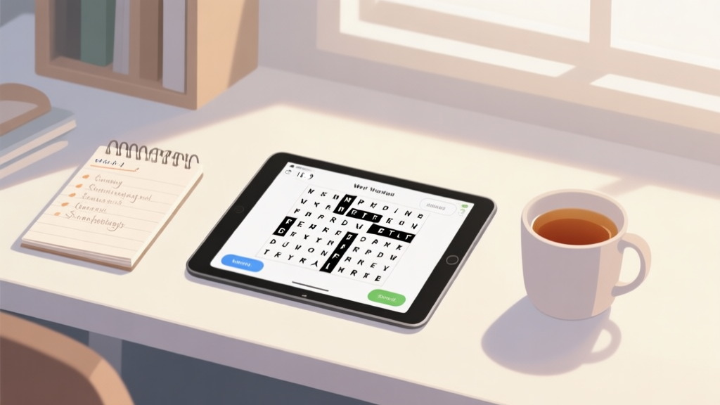 A serene, organized workspace for puzzle solving, showing a tablet with a word search game, a notepad with strategies written, a cup of tea, soft natural lighting, minimalist and calm aesthetic high quality illustration, detailed, 16:9
