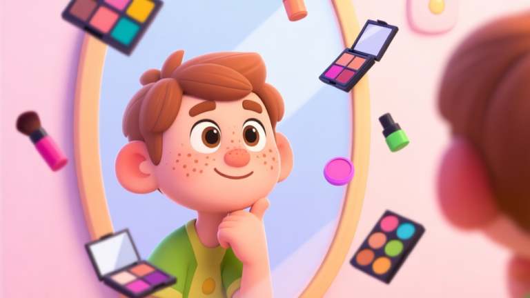 自动生成图片: A cheerful, stylized game character with freckles, looking thoughtfully at a mirror with various colorful makeup palettes floating around, soft pastel background high quality illustration, detailed, 16:9