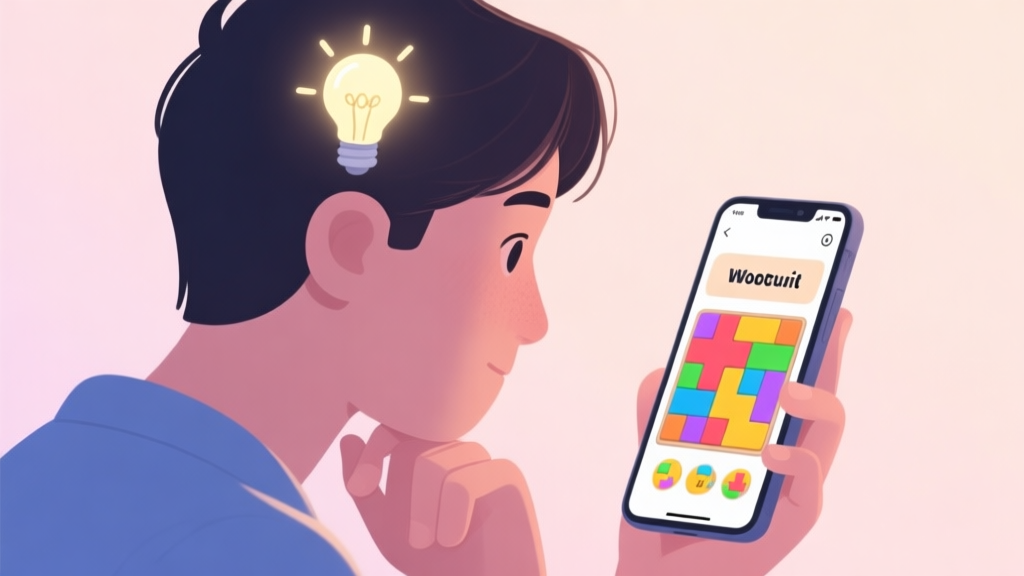 A person looking thoughtfully at a mobile phone screen showing a colorful word puzzle game, with a subtle glowing light bulb icon above their head, soft pastel background high quality illustration, detailed, 16:9