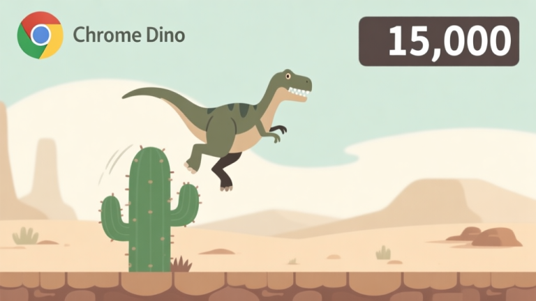 自动生成图片: A minimalist illustration of the Chrome Dino game scene, showing the dinosaur mid-jump over a cactus, with a clean score counter displaying a high number like 15,000 in the corner, using a soft desert color palette with beige and muted green tones high quality illustration, detailed, 16:9