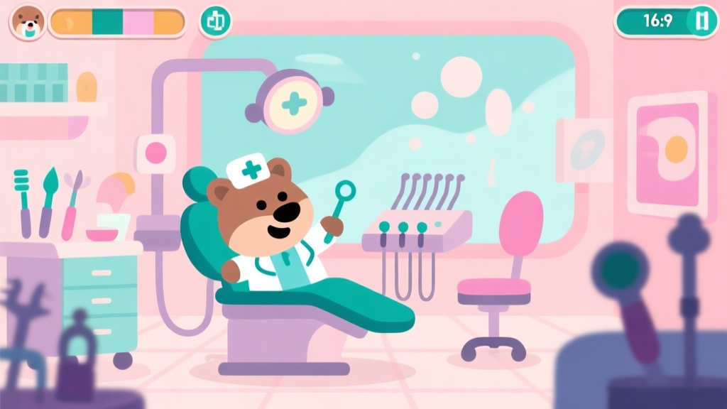 A surreal and whimsical game scene in soft pastel colors, showing a cartoonish animal dentist character in a clinic, with abstract tools and a friendly yet slightly chaotic atmosphere, flat design style high quality illustration, detailed, 16:9