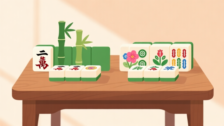 自动生成图片: Side-by-side comparison illustration of two distinct mahjong tile sets, one traditional with classic characters and bamboo, the other with vibrant flower and season symbols, on a wooden table, soft lighting, flat design style high quality illustration, detailed, 16:9