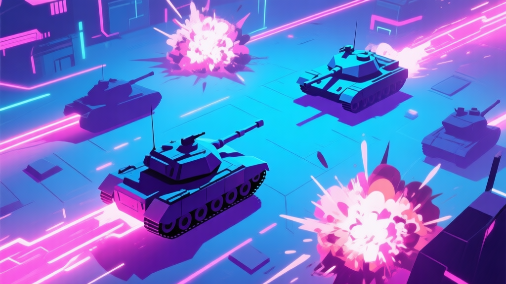 A top-down view of a vibrant neon battlefield with geometric tank silhouettes, glowing trails, and explosion effects in a soft cyberpunk color palette of blues, pinks, and purples high quality illustration, detailed, 16:9