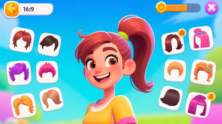 自动生成图片: A vibrant, stylized video game character customization screen showing a cheerful avatar with a high ponytail, surrounded by various unlocked hairstyle icons, in a bright and friendly color palette high quality illustration, detailed, 16:9