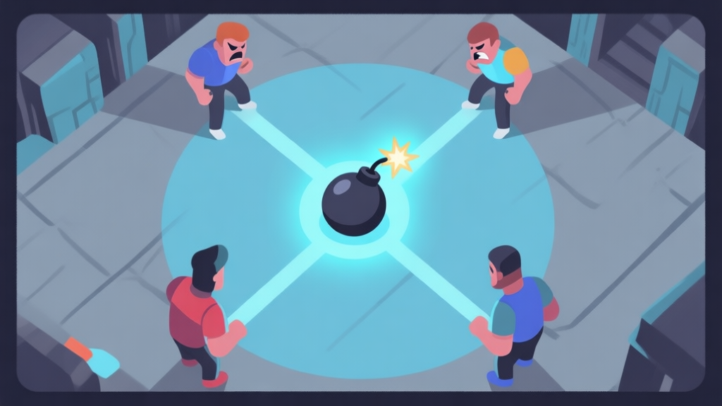A top-down view of a stylized, tense multiplayer game scene with two teams separated, a glowing bomb icon in the center, soft blues and greys color palette, flat design style high quality illustration, detailed, 16:9