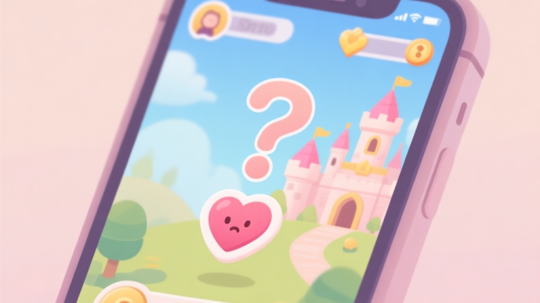 自动生成图片: A soft, pastel-colored illustration of a mobile phone screen showing a charming kingdom simulation game interface, with a subtle question mark hovering over a heart icon, conveying a sense of gentle curiosity and confusion high quality illustration, detailed, 16:9