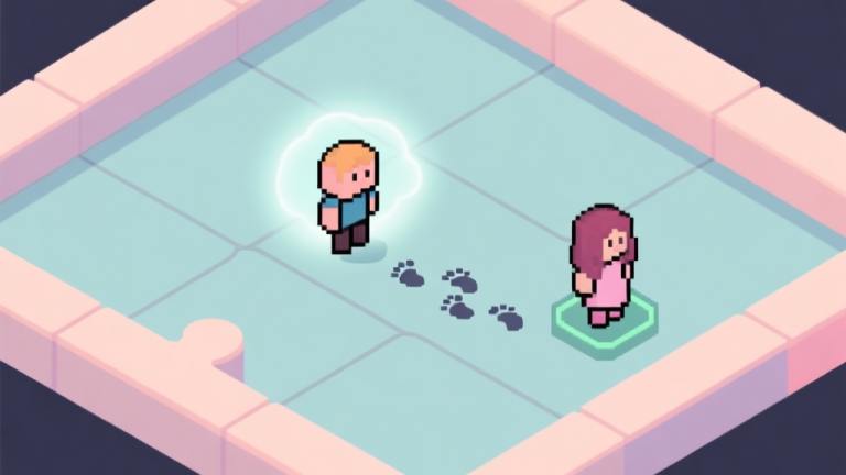 自动生成图片: A stylized, top-down view of a simple puzzle game level with two character sprites (Adam and Eve). One character is highlighted with a faint, dreamy aura and footprints trailing behind, indicating a preset path, while the other character is under player control. Soft pastel colors, clean lines. high quality illustration, detailed, 16:9
