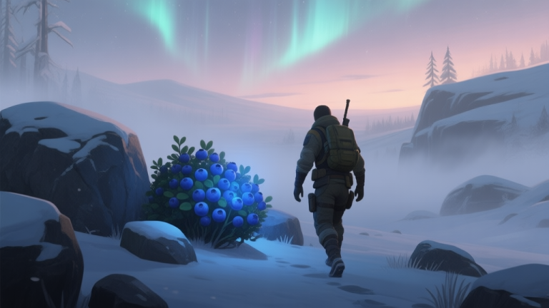 自动生成图片: A serene, snowy in-game landscape at dusk, with a character in survival gear approaching a glowing blueberry bush nestled between rocks, soft mist and northern lights in the background, muted color palette high quality illustration, detailed, 16:9