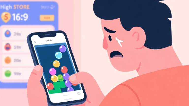 自动生成图片: A frustrated game player looking at a stuck bubble shooter puzzle on a mobile screen, with a high score leaderboard visible in the background, soft pastel colors, flat illustration style high quality illustration, detailed, 16:9