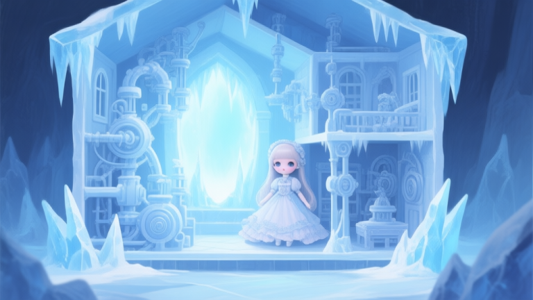 自动生成图片: A mysterious, frozen chamber inside a dollhouse, with intricate ice mechanisms and a faint glow in the background, soft blue and white color palette, digital painting style high quality illustration, detailed, 16:9