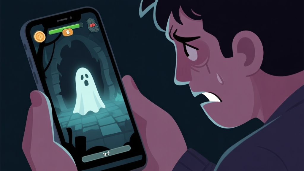 A frustrated player looking at a mobile screen showing a dark, mysterious puzzle game scene with a ghostly figure, soft shadows and muted colors high quality illustration, detailed, 16:9