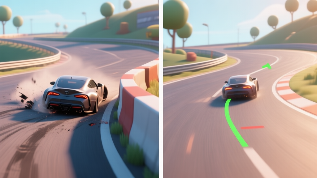 A split-screen image showing a common beginner mistake in a 3D racing game. Left side: a car braking too late and skidding off a sharp corner into a barrier. Right side: the correct line, with a car braking early, taking a smooth apex, and accelerating out of the corner. Stylized 3D game graphics, dynamic camera angle, soft color palette with highlights on the racing line. high quality illustration, detailed, 16:9