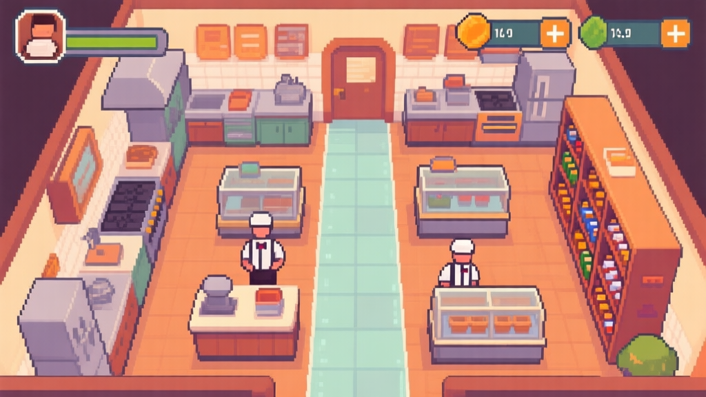 A cozy, top-down view of a pixel-art style cafe simulation game interface, showing a well-organized kitchen with multiple workstations, a clear path for waiters, and a stocked inventory shelf, in a warm and inviting color palette high quality illustration, detailed, 16:9