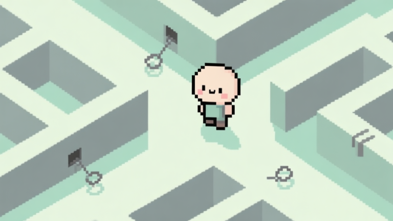 自动生成图片: A minimalist illustration of a cute pixel character standing at a crossroads in a maze, with subtle, almost invisible trap triggers on the floor and walls, in a soft pastel color palette with muted greens and grays high quality illustration, detailed, 16:9