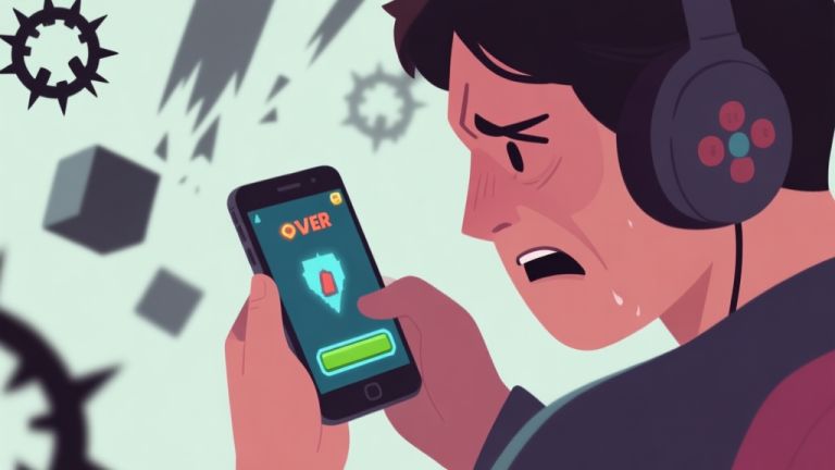自动生成图片: A frustrated gamer looking at a game over screen on a mobile device, with subtle, shadowy trap icons like spikes and falling blocks in the background, soft muted color palette high quality illustration, detailed, 16:9
