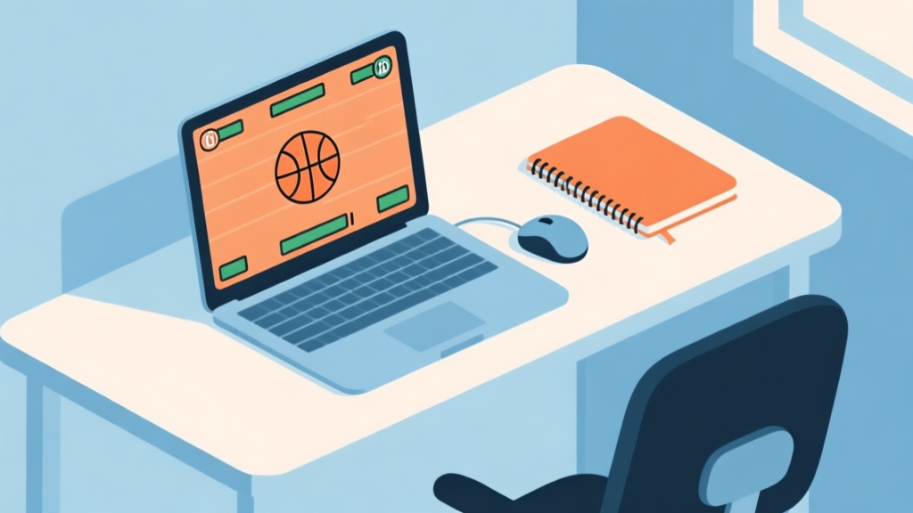 A minimalist illustration of a basketball player's setup at a desk, showing a laptop with a simple basketball game on screen, a mouse, and a notebook. Soft blue and orange color scheme, clean lines high quality illustration, detailed, 16:9