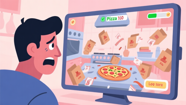 自动生成图片: A frustrated player looking at a chaotic virtual pizza kitchen screen, with multiple failed orders and a low score, in a soft pastel color palette, flat illustration style high quality illustration, detailed, 16:9