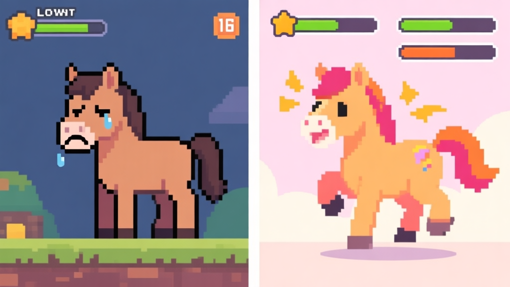 A split-screen illustration showing contrast. Left side: a pixel-art horse in a game looking sad and tired with low stat bars. Right side: the same horse looking vibrant and energetic with full stat bars, soft pastel background, flat design style high quality illustration, detailed, 16:9