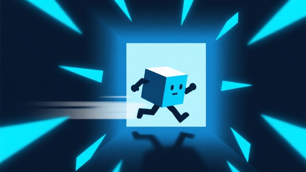 A minimalist game scene showing a geometric cube character mid-dash through a narrow corridor of blue neon spikes, with a faint motion blur trail, soft blue and dark background, flat design style high quality illustration, detailed, 16:9