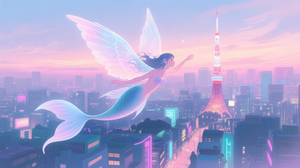 A whimsical illustration of a mermaid with translucent wings soaring over a neon-lit Tokyo cityscape at dusk, blending fantasy and urban elements, soft pastel colors, dreamlike atmosphere high quality illustration, detailed, 16:9