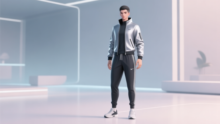 自动生成图片: A stylish, minimalist game character avatar wearing a sleek, high-end athletic jacket and tailored joggers, standing in a modern, clean virtual environment, soft color palette, elegant and sporty vibe high quality illustration, detailed, 16:9