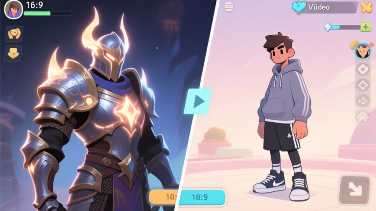 自动生成图片: A split-screen illustration showing a fantasy warrior in glowing armor on one side, and a modern, sporty video game character in a simple hoodie and sneakers on the other, both in a game UI setting, soft color palette high quality illustration, detailed, 16:9