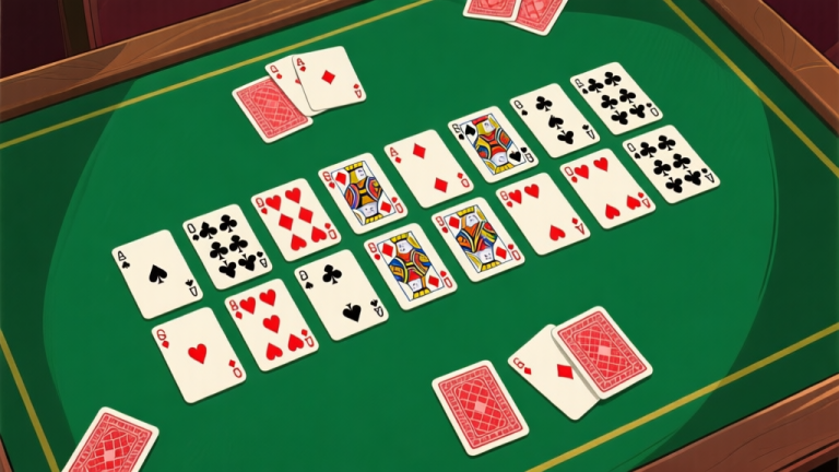 自动生成图片: A top-down view of a classic Solitaire Klondike tableau on a green felt background, cards partially revealed and organized in columns, with a sense of strategic possibility high quality illustration, detailed, 16:9