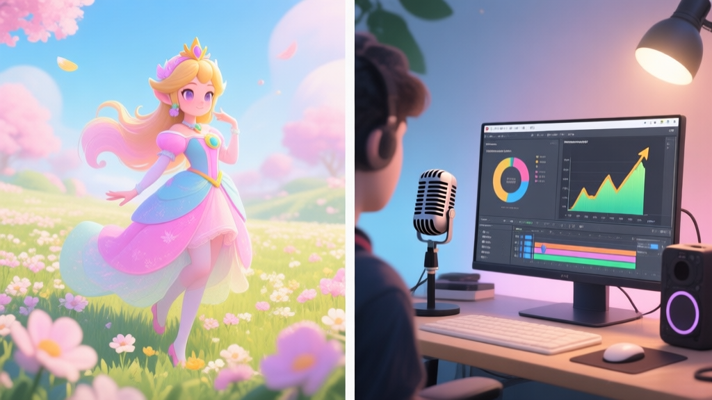 A split-screen illustration showing on one side a vibrant, pastel-colored fantasy game character (Spring Princess archetype) posing in a floral field, and on the other side, a content creator's setup with a microphone, editing software on a monitor, and analytics graphs showing rising engagement, soft lighting, digital art style high quality illustration, detailed, 16:9