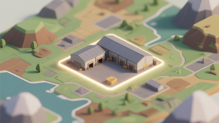 自动生成图片: An isometric view of a strategic game map, highlighting a central warehouse complex with soft glowing edges, surrounded by varied terrain. Soft color palette of muted greens, browns, and greys. high quality illustration, detailed, 16:9
