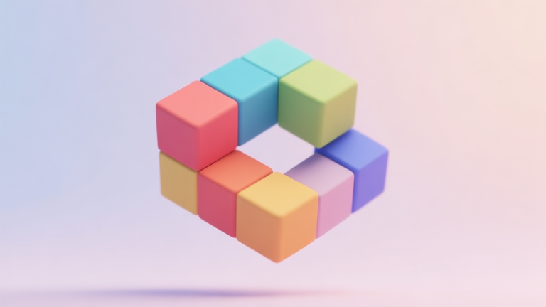 自动生成图片: A minimalist 3D render of colorful, interconnected geometric blocks floating against a soft pastel background, evoking a sense of a calm and strategic puzzle game high quality illustration, detailed, 16:9